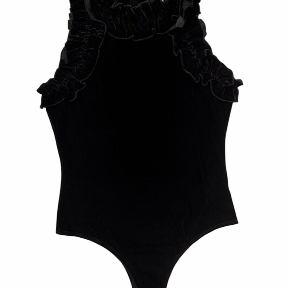 TCEC Black velvet bodysuit with ruffles